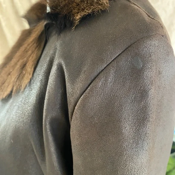 Vintage WHISTLES Dark Brown Soft Leather & Fur Long Overcoat Size Medium